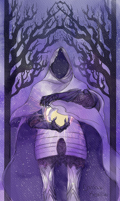 Illustration of a mysterious figure holding the moon