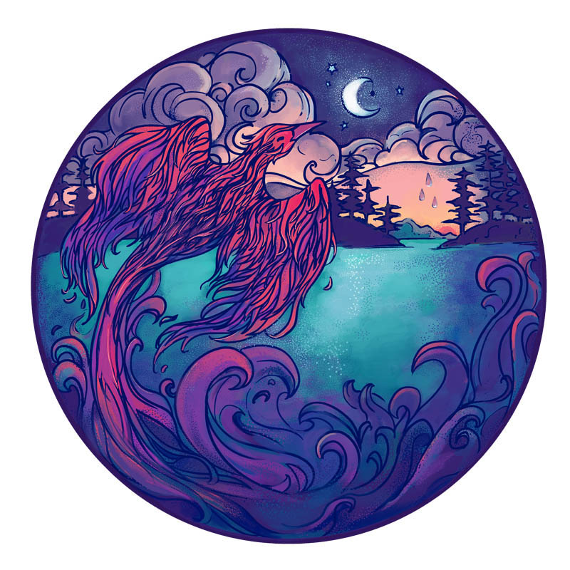 Illustration of phoenix flying over the Pacific Northwest